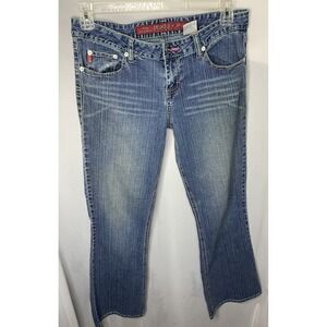 Women's Sz 13 MUDD Y2K Blue Jeans Light Flare‎ Embroidered Pocket Faded VINTAGE